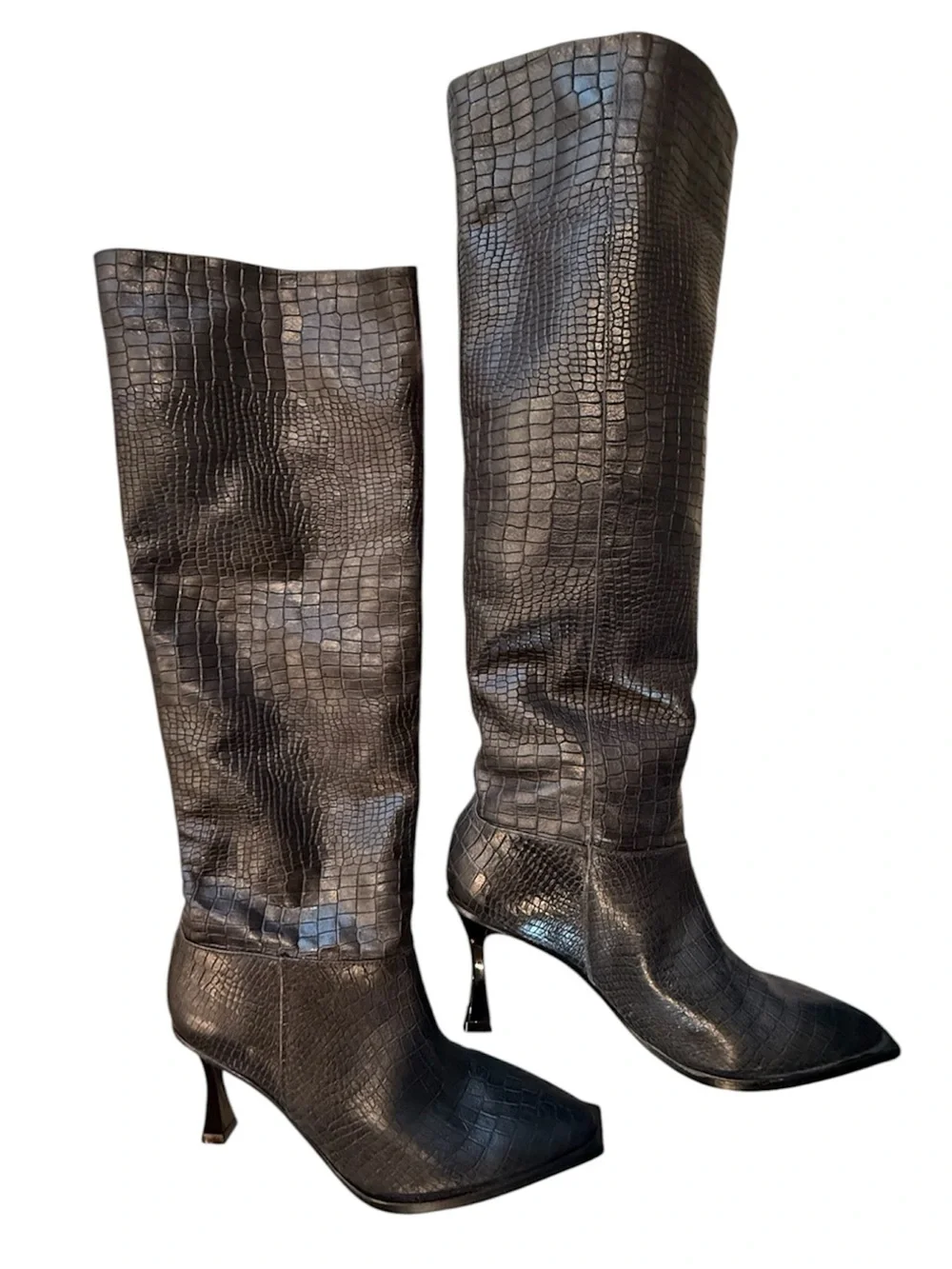 Women's Black Croc-Embossed Knee-High Heeled Boots